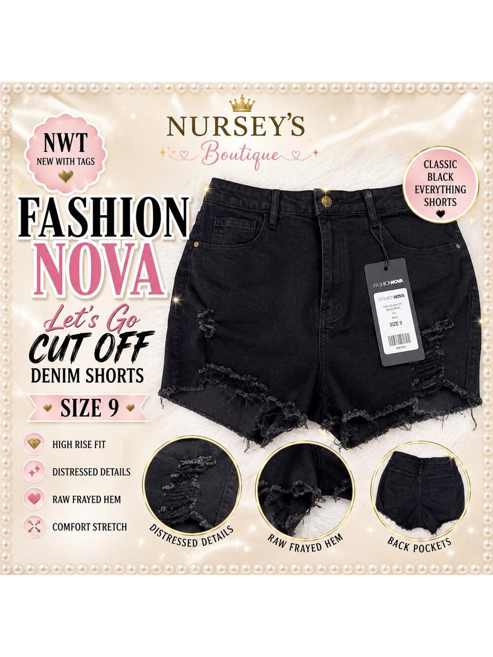 Fashion Nova Black Distressed Cut Off Denim Shorts Size 9 NWT Raw Hem